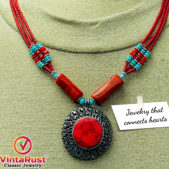 Beaded Multilayers Chain Necklace With Pendant, Ethnic Statement Necklaces - Picture 3 of 10